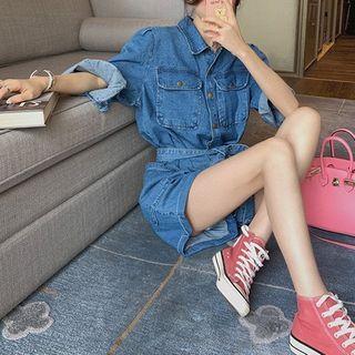 Short-sleeve Belted Denim Cargo Playsuit