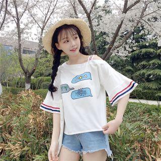 Cold Shoulder Printed Elbow-sleeve T-shirt