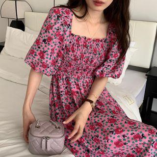 Short-sleeve Floral Midi A-line Dress Flowers - Pink - One Size