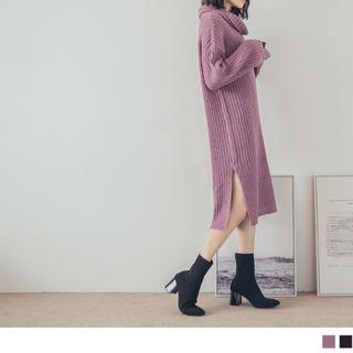Slit-side Cowl-neck Knitted Dress