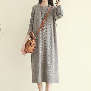 Long-sleeve Cable Knit Midi Shift Knit Dress