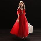 Flutter Sleeve V-neck Embroidered A-line Evening Gown