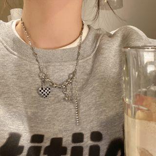 Checkerboard Heart Pendant Necklace Necklace - Black & White & Silver - One Size