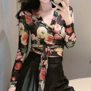 Long-sleeve Floral Print Tie-waist Mesh Crop Top Yellow & Pink Flowers - Black - One Size