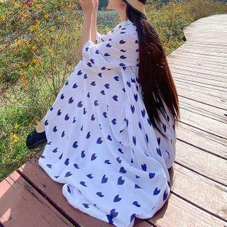 Long-sleeve Pattern Midi A-line Dress Blue Love Heart - White - One Size