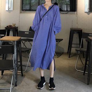 Plaid Side Slit Midi Shirt Dress Blue - One Size