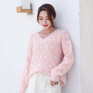 Heart Jacquard V-neck Sweater