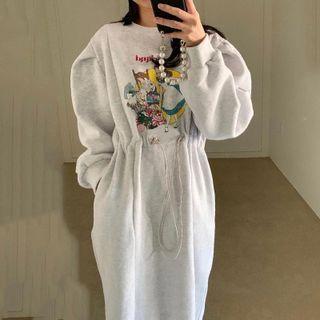Cartoon Print Drawstring-waist Midi Sweatshirt Dress