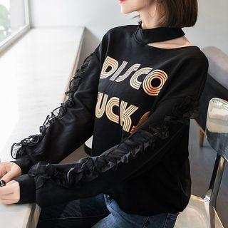 Frill Trim Lettering Cutout Pullover