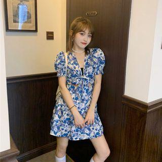 Floral Puff-sleeve Tie-front Cutout Mini A-line Dress