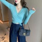 Plain V-neck Long-sleeve Slim-fit Light Pullover