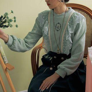 Set: Lace Trim Flower Embroidered Blouse + Midi A-line Skirt