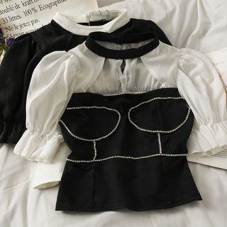 Patchwork Rhinestone Cutout Crop Top