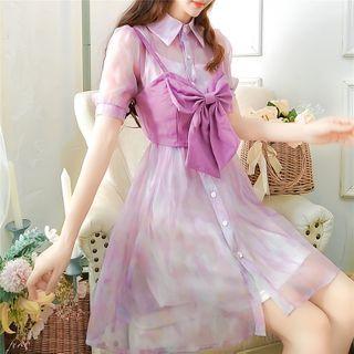 Set: Puff-sleeve Dress + Sleeveless Bow-accent Top + Camisole