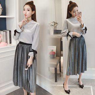 Set: Bow Accent Long Sleeve Top + Velvet Pleated Midi Skirt