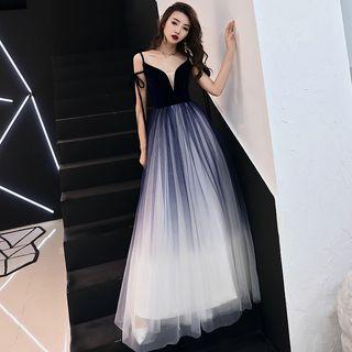 Spaghetti-strap Velvet Panel Gradient Mesh Evening Gown