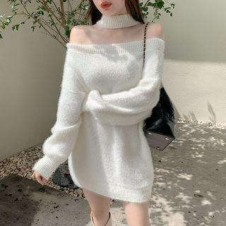 Halter-neck Cold-shoulder Sweater White - One Size