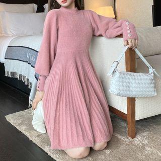 Lantern-sleeve Plain Pleated Knit Dress