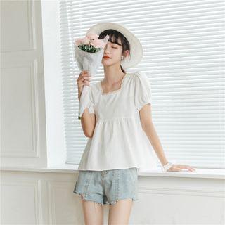 Eyelet Trim Puff-sleeve Peplum Blouse