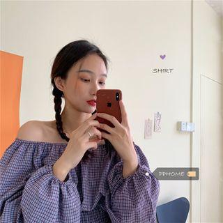 Long-sleeve Plaid Off-shoulder Top As Shown In Figure - One Size