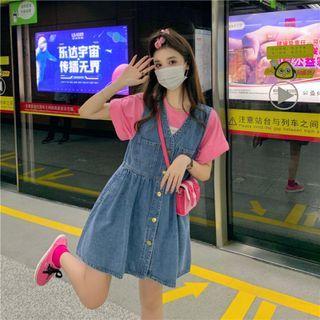 Short-sleeve Lettering T-shirt / Button-up Denim Mini Overall Dress