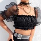 Mesh Puff-sleeve Ruched Cropped Top
