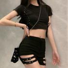 Lace-up Short-sleeve Cropped T-shirt / Cut-out High-waist Shorts