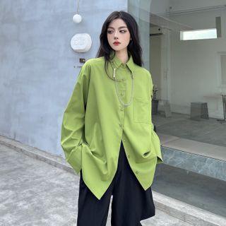 Long-sleeve Plain Chain Accent Shirt