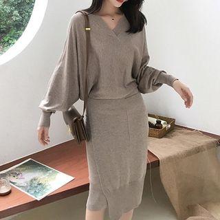 Set: Puff-sleeve V-neck Sweater + Knit Pencil Skirt