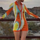 Printed Long-sleeve V-neck Bodycon Romper
