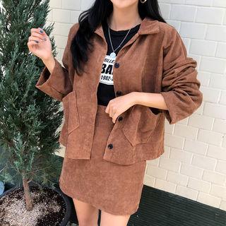 Set: Dual-pocket Boxy Corduroy Jacket + Miniskirt