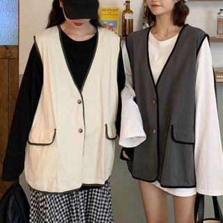Long-sleeve Plain T-shirt / Contrast Trim Button Vest