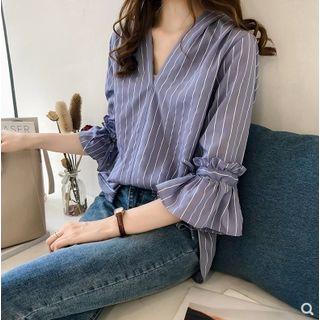 3/4-sleeve Striped Frill Trim Top