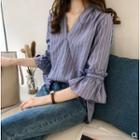 3/4-sleeve Striped Frill Trim Top