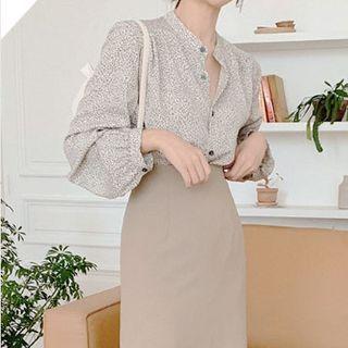 Long-sleeve Leopard Print Blouse / Midi Pencil Skirt