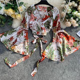 V Collar Print Lace Up Strap Bell-sleeve Chiffon Top
