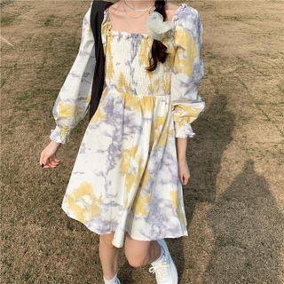Long-sleeve Tie-dye Ruffle Trim Dress