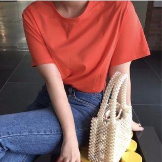 Short-sleeve Plain T-shirt Tangerine Red - One Size