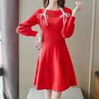 Long-sleeve Lace Up Midi A-line Knit Dress