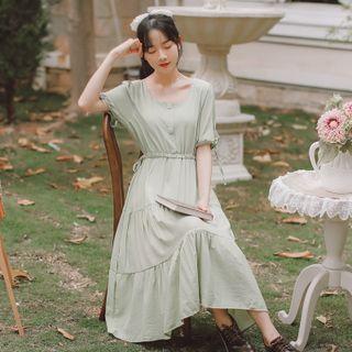 Short-sleeve Square-neck Drawstring Tiered Midi A-line Dress