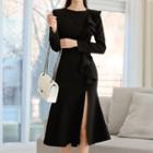 Long-sleeve Frill Trim Mermaid Midi Dres