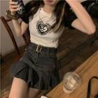 Short-sleeve Heart Print T-shirt / Belted A-line Denim Skirt