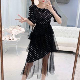 Elbow-sleeve Polka Dot Mesh Midi Tiered Dress