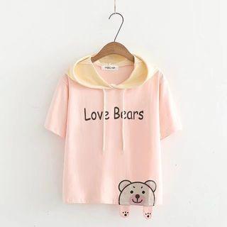 Bear Print Color Panel Short Sleeve Hoodie