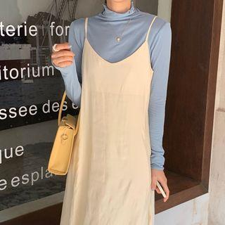 Long-sleeve Mock Neck Plain Top / Spaghetti-strap Plain Dress