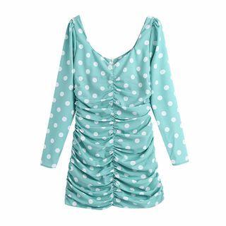 V-neck Dotted Shirred Mini A-line Dress