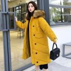 Long Furry-trim Buttoned Hooded Padded Coat