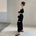 Tube Top With Arm Sleeves / Cutout Slit Midi Pencil Skirt