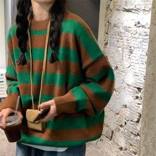 Striped Color Block Round-neck Sweater Stripe - One Size