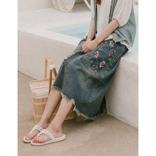 Floral Embroidered Distressed Denim Skirt Blue - One Size